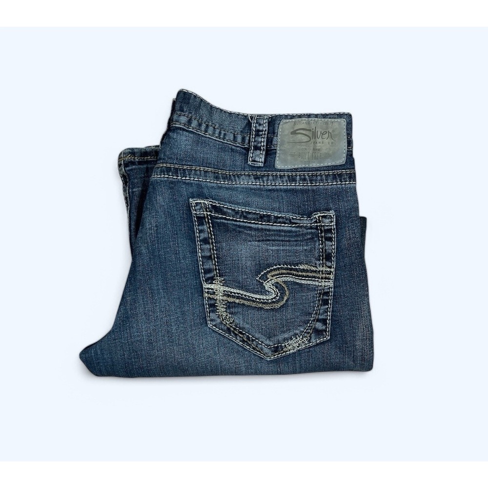 Silver Jeans Men 36 Medium Wash Zac Straight Leg 5 Pocket Thick Stitch Denim
